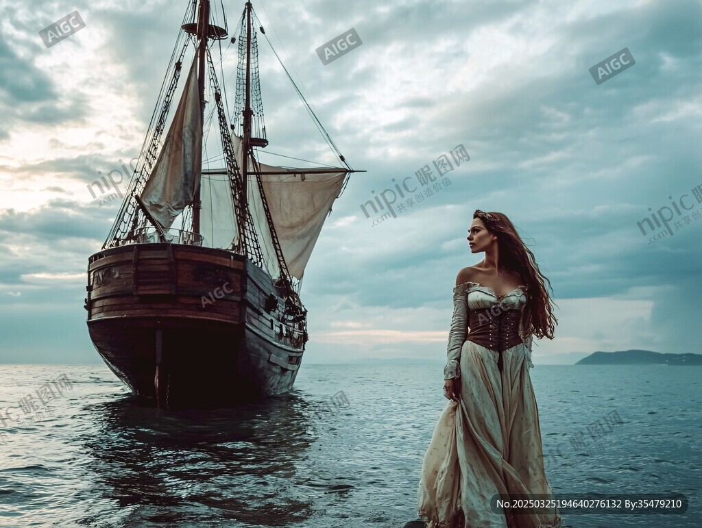 海边女子与古老帆船之景