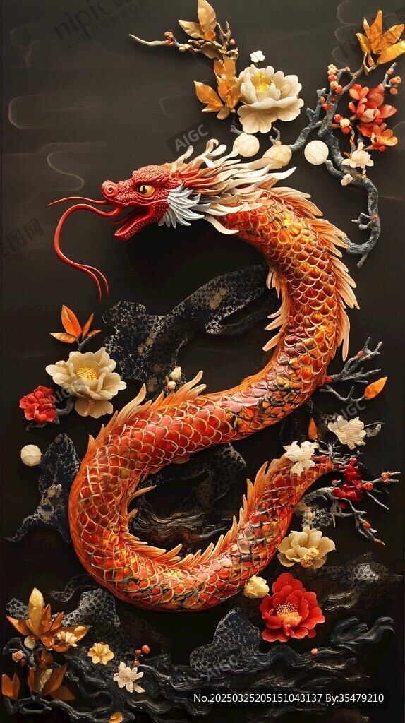 中式立体龙饰与花卉艺术