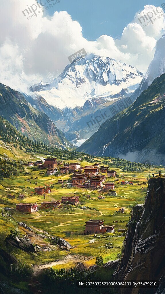 山间村落与壮丽雪山景观