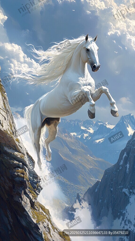 白马飞跃山间壮美瞬间