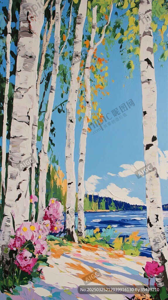 白桦林旁的湖畔烂漫风景