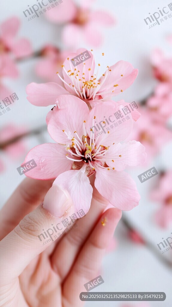手捧娇美粉嫩桃花