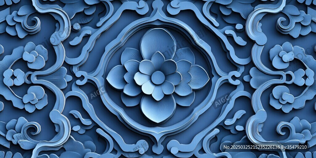 蓝色雕花图案纹理特写