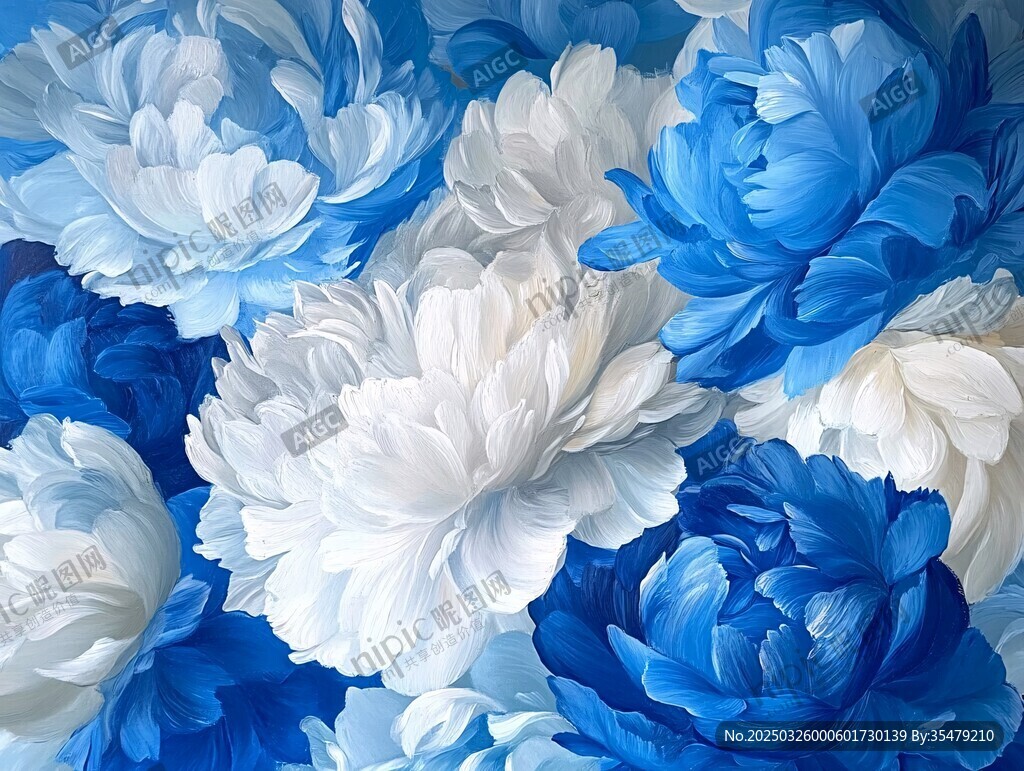 蓝白牡丹花卉精美图案