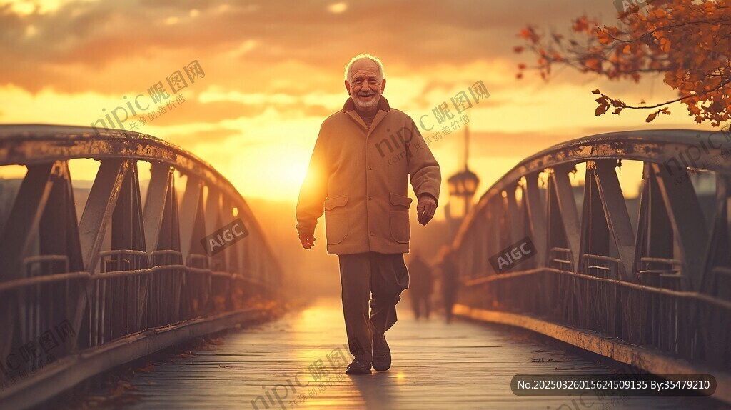 夕阳下老人独行于桥间