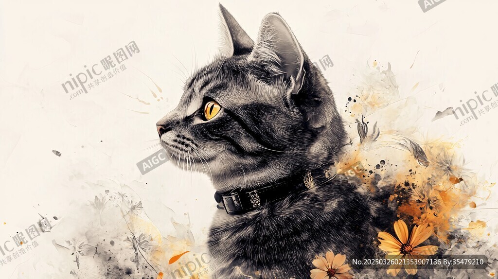 水墨风花猫与烂漫花朵