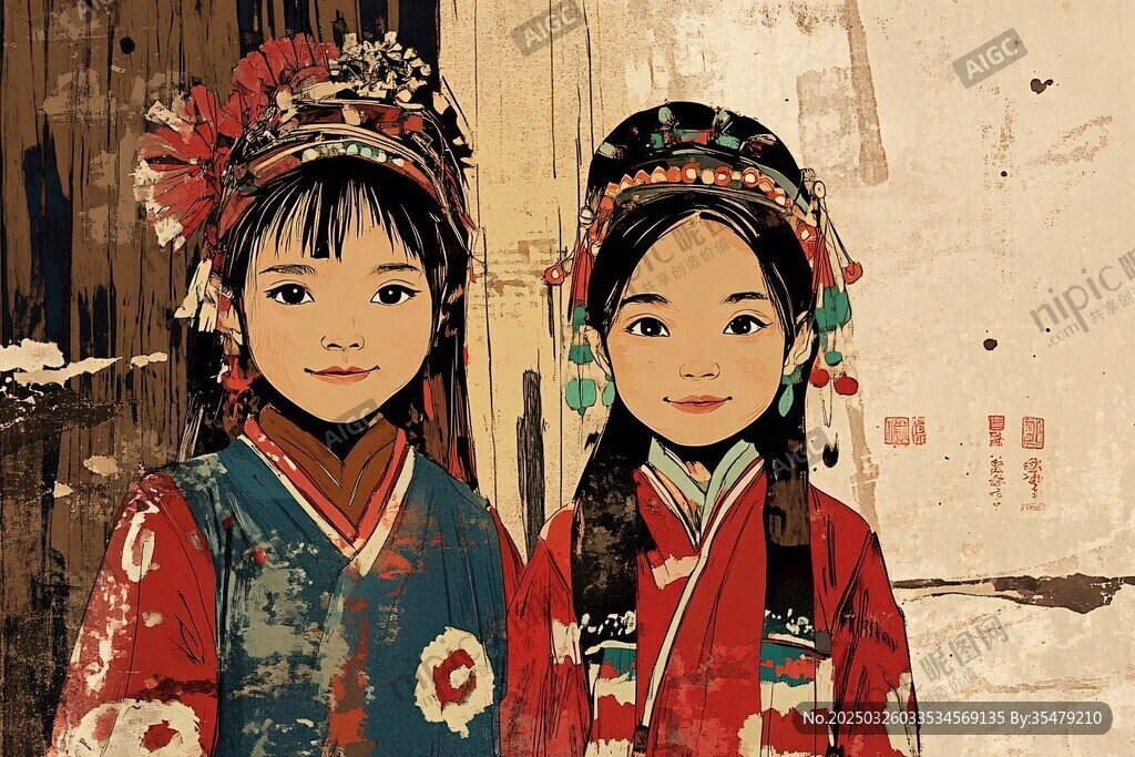 两个少数民族小姑娘