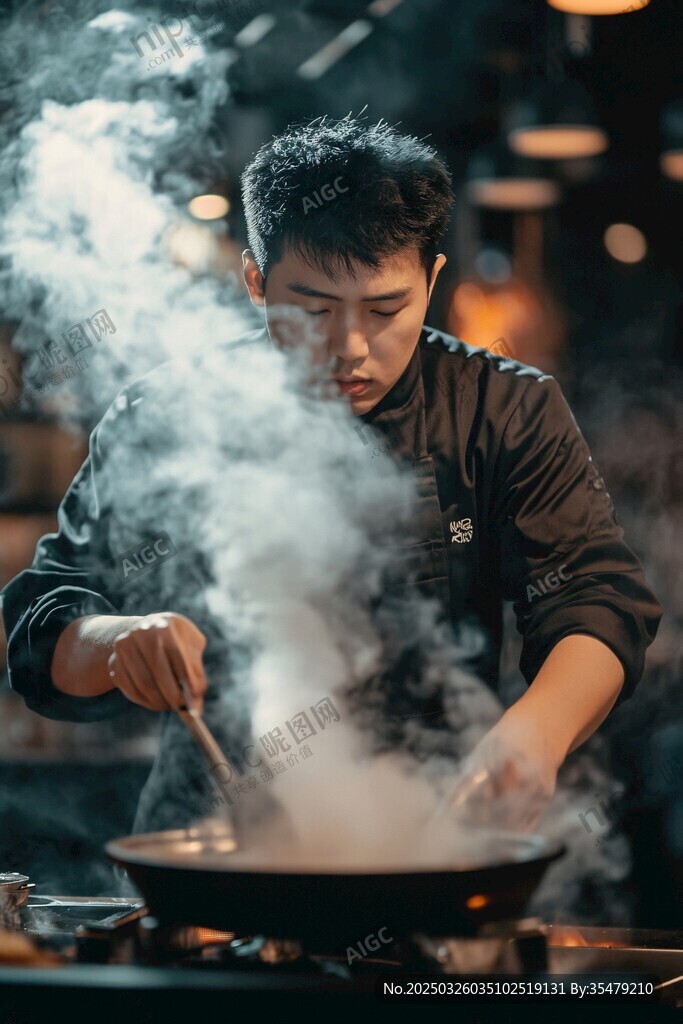 厨师专注烹饪冒热气菜肴