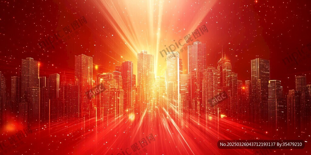 红色炫光下的繁华都市景观