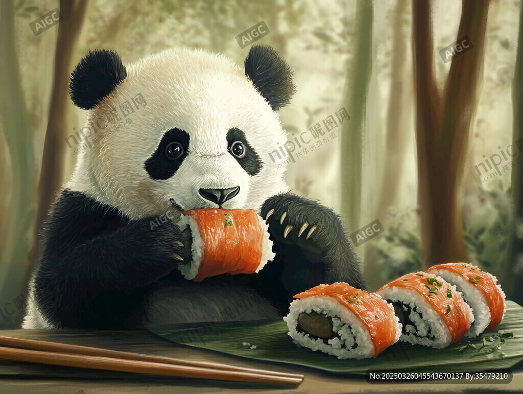 熊猫惬意享用美味寿司