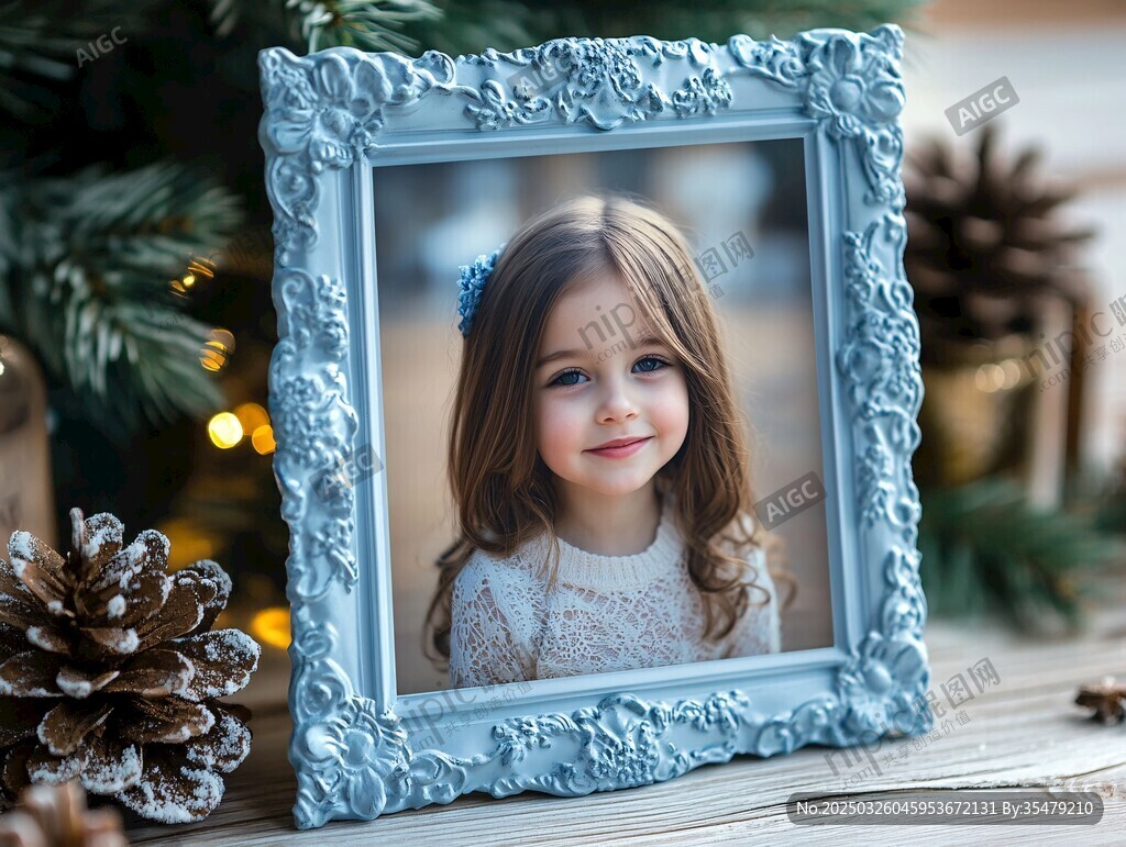 蓝色相框中的可爱小女孩
