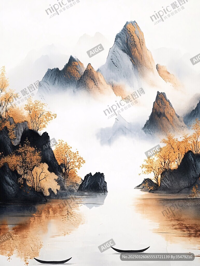 秋意山水间的静谧扁舟