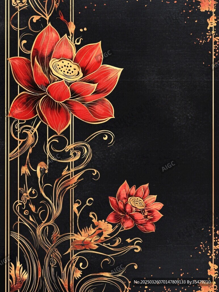 中式黑金莲花复古装饰图案