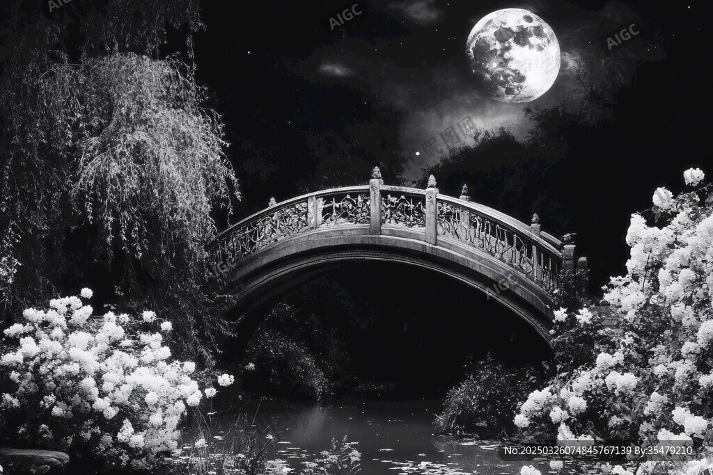 月夜拱桥下的静谧景致