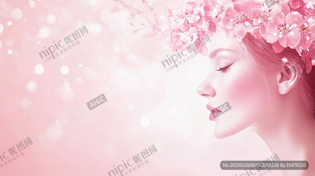 梦幻粉花饰颜的柔美女子