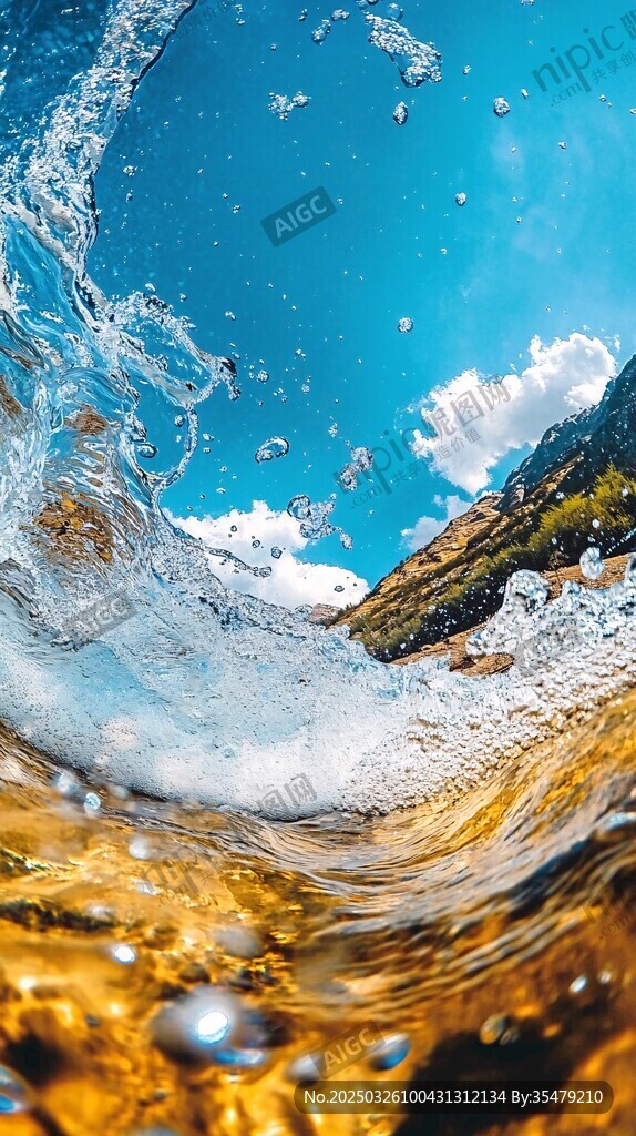 水下视角的激浪与蓝天美景