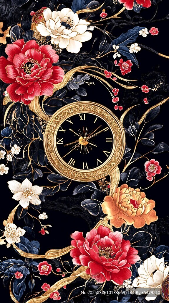 中式繁花环绕的复古时钟