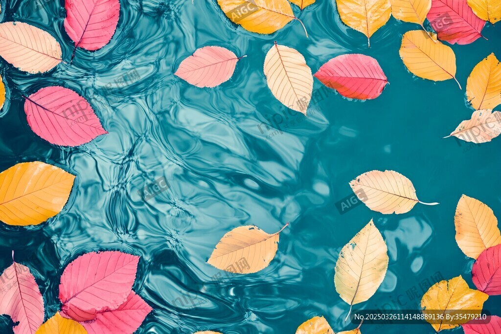 秋叶浮于碧波上的美景