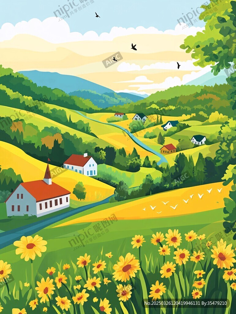 田园风光中的宁静乡村景色