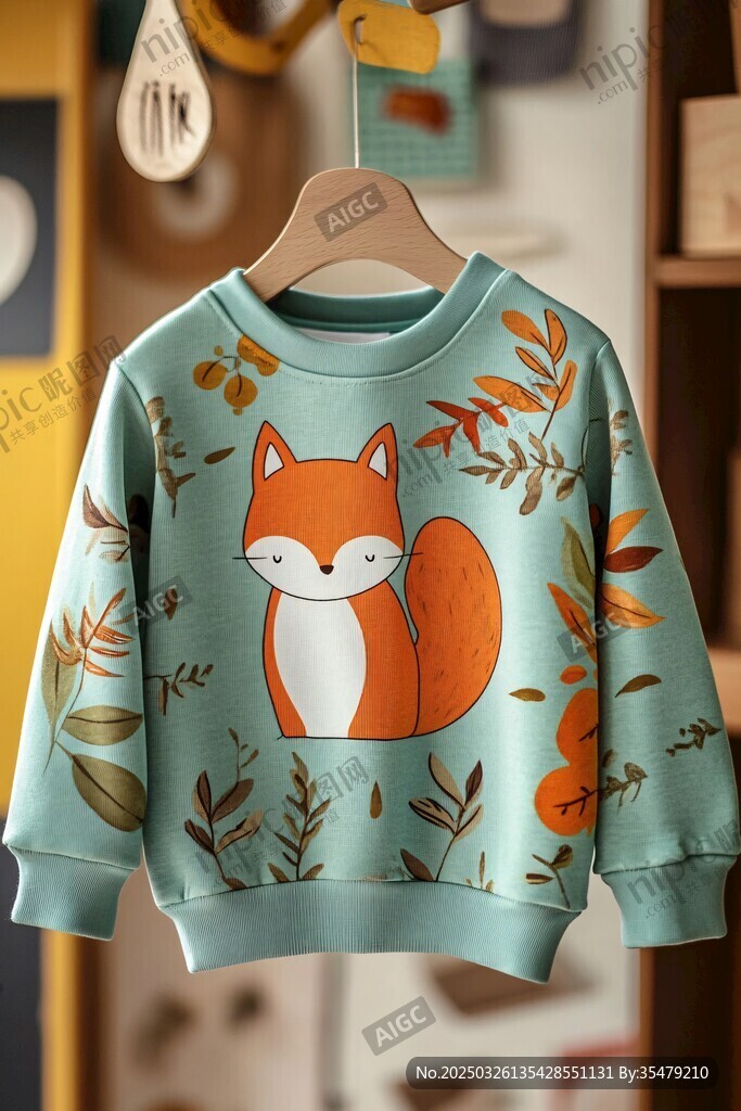 儿童狐狸图案绿色卫衣