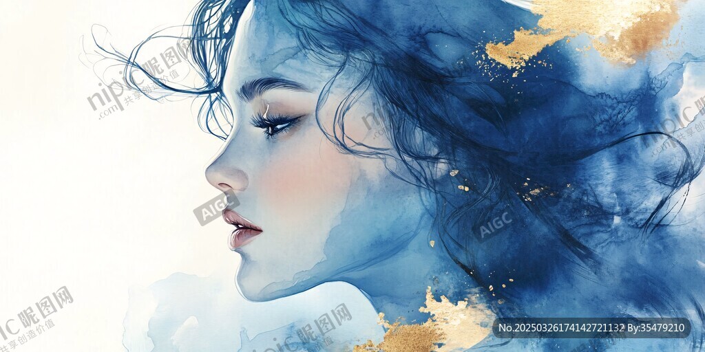梦幻蓝发女子水彩侧颜