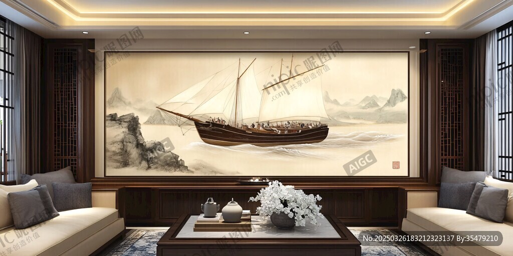 中式客厅里的帆船壁画装饰