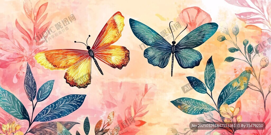 蝶舞花丛间的浪漫水彩画