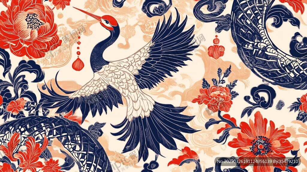 中式仙鹤花卉传统图案