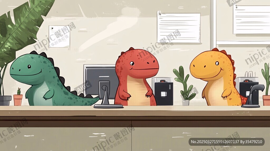 三只萌恐龙的办公场景