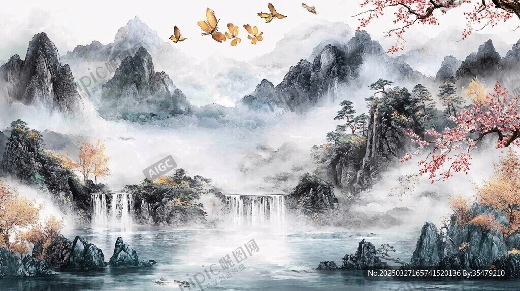 山水间飞鸟繁花诗意景