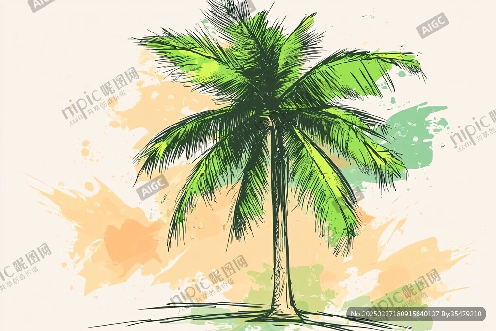手绘绿色椰子树水彩背景图