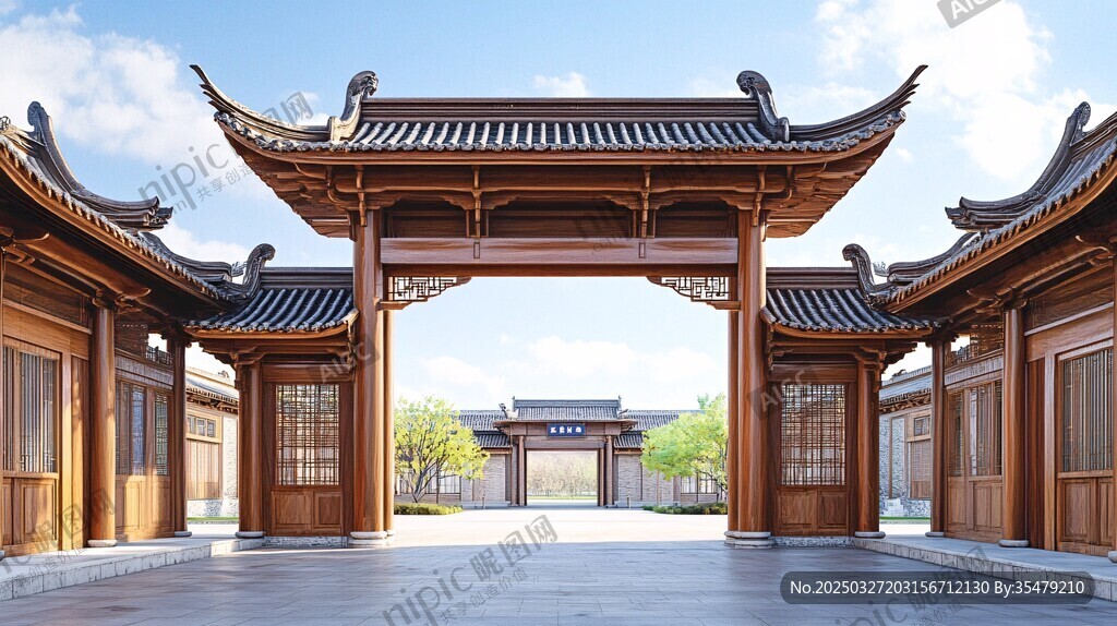 中式古典木质门楼建筑