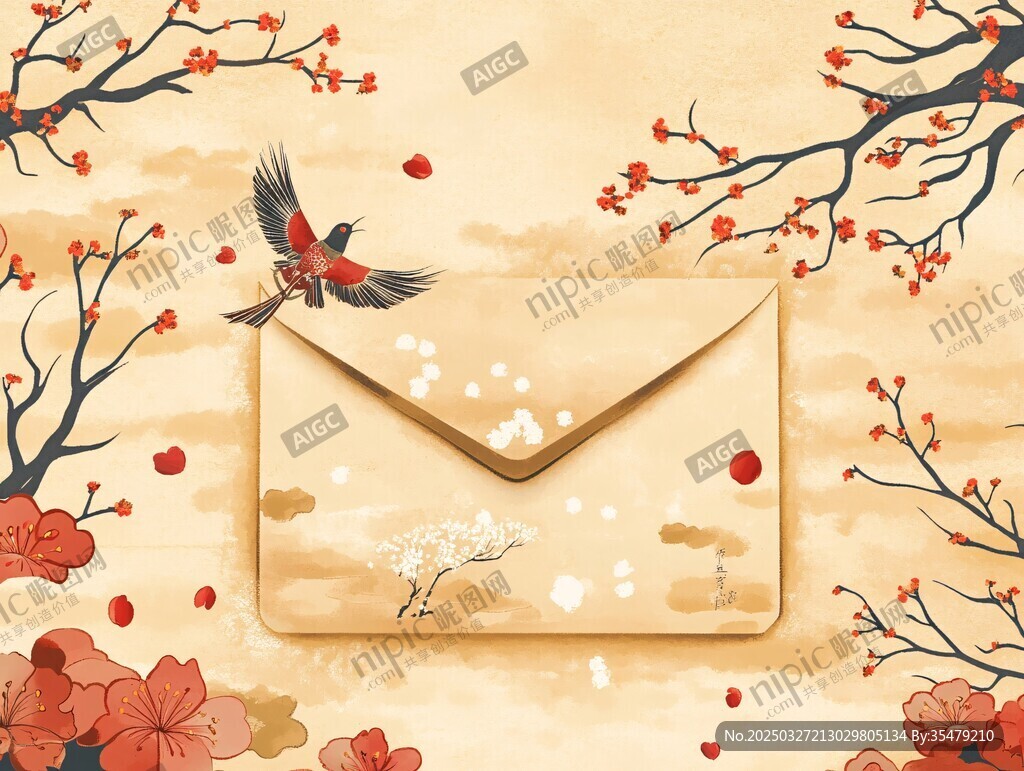 中式花鸟信封唯美插画