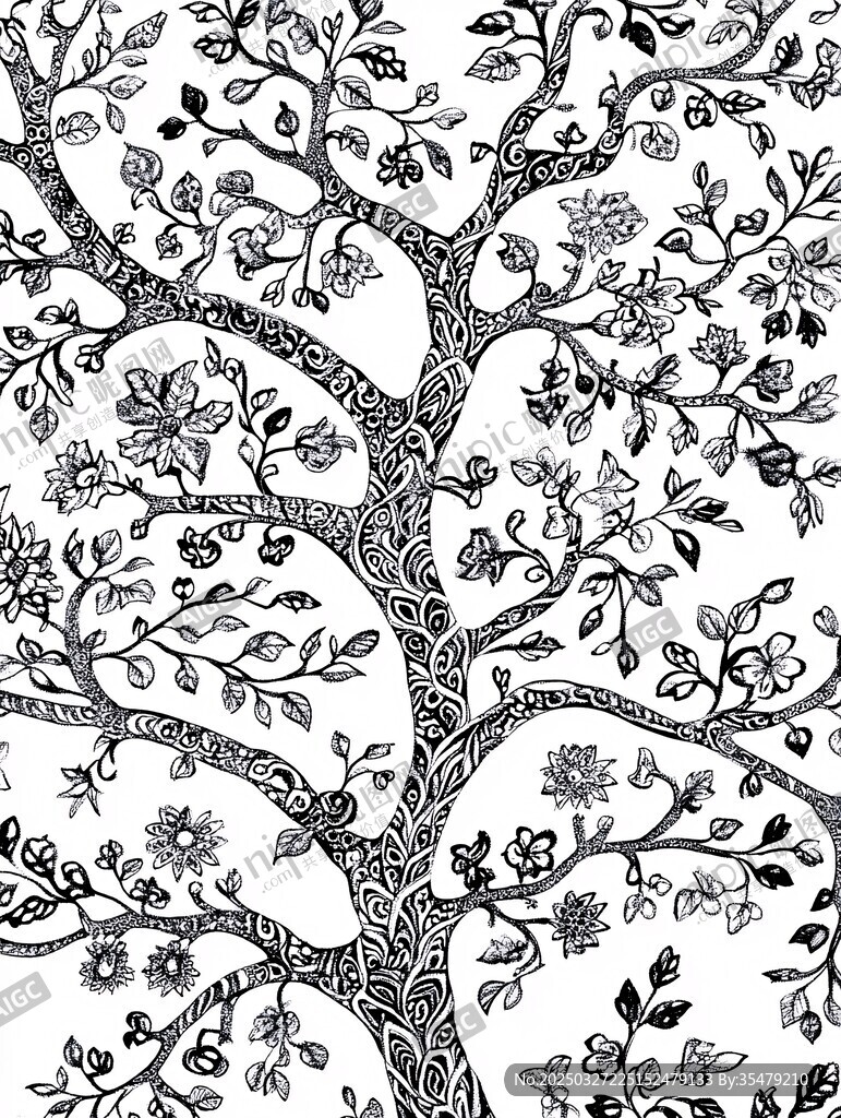 黑白花卉树图案设计素材