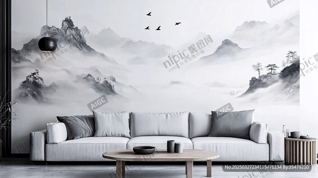 中式水墨风客厅沙发背景墙