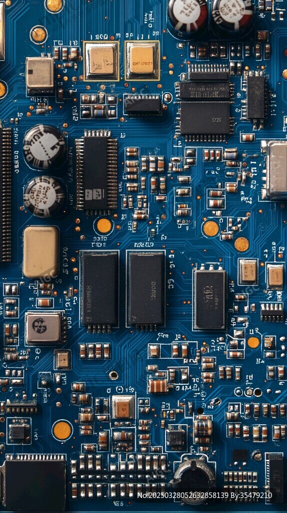 蓝色精密电路板细节特写