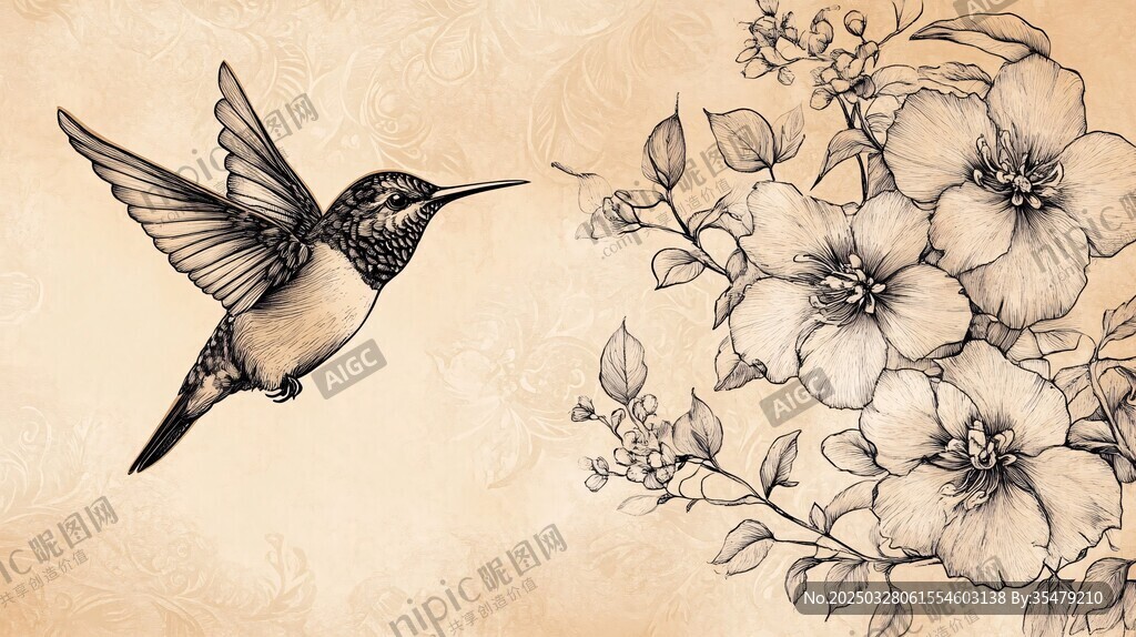 蜂鸟与花卉的优雅素描