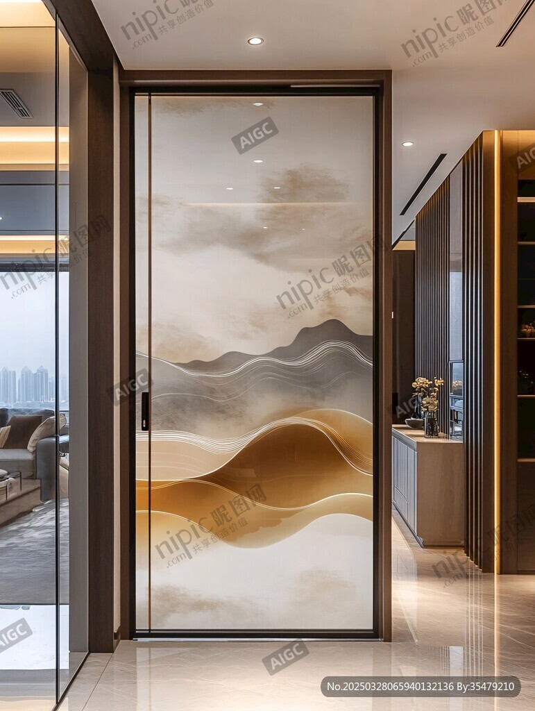 现代风山水艺术玻璃隔断