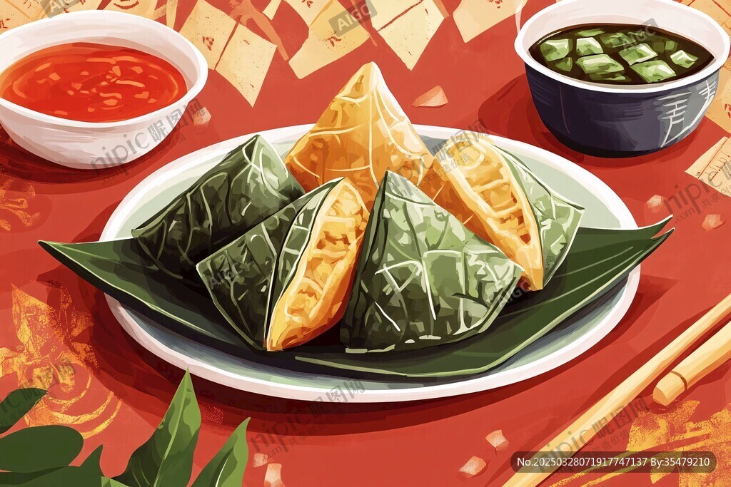 美味粽子与特色蘸料展示