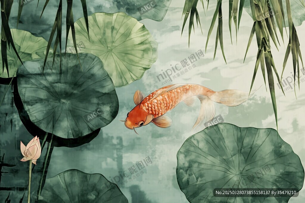 水墨荷塘中的灵动锦鲤