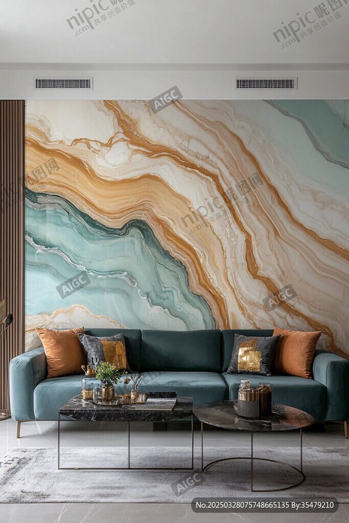 轻奢风客厅的大理石纹背景墙