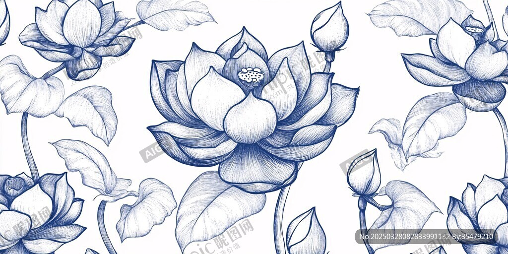 蓝白手绘荷花图案背景