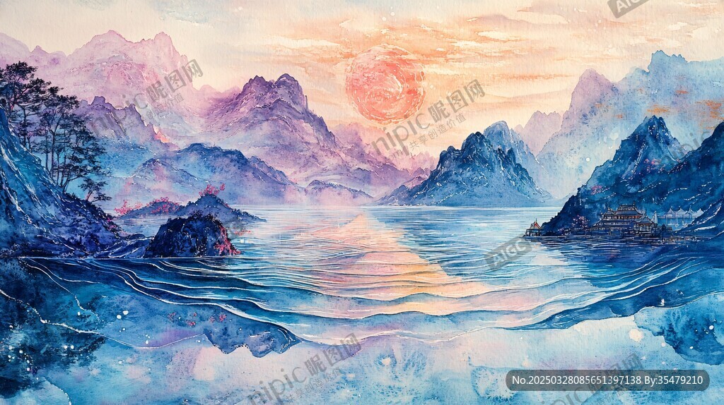 梦幻山水间的落日美景