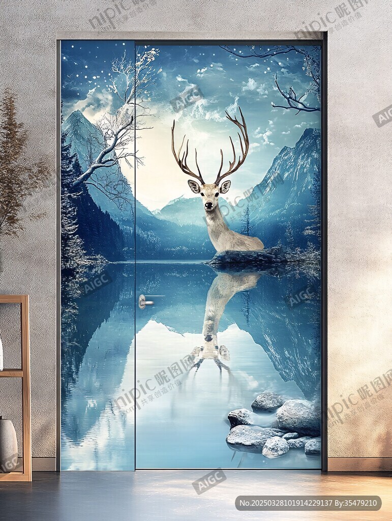 梦幻鹿影山林雪景壁画