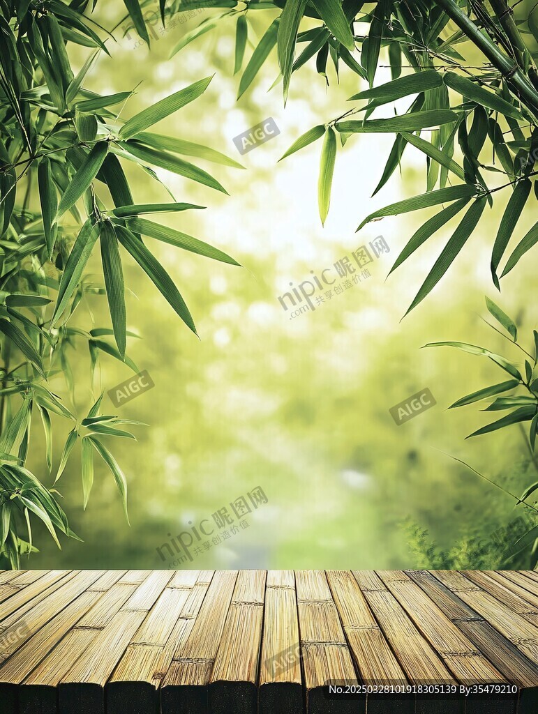 竹林前的木质平台美景