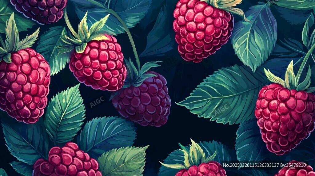 饱满树莓与绿叶的精美图案