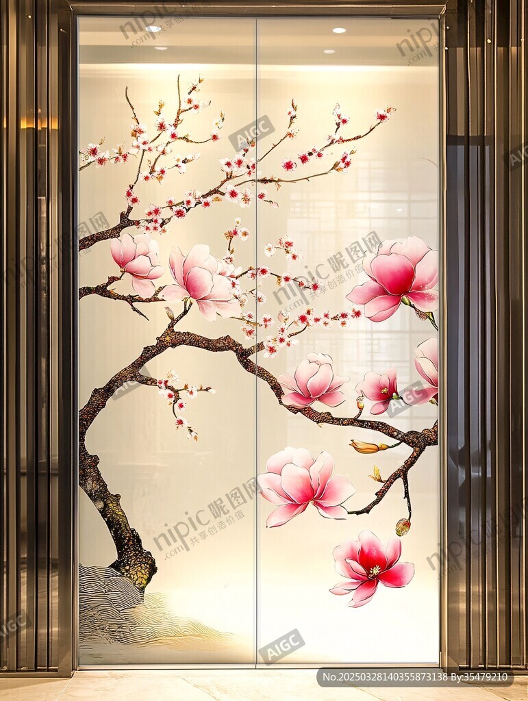 中式玉兰花枝玻璃门装饰
