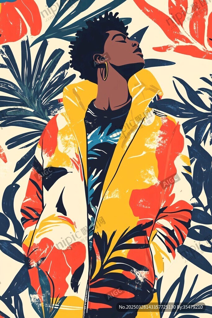时尚黑人青年与植物背景