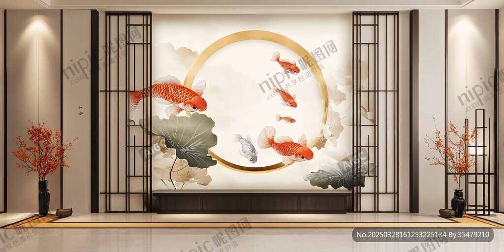 中式玄关金鲤壁画装饰