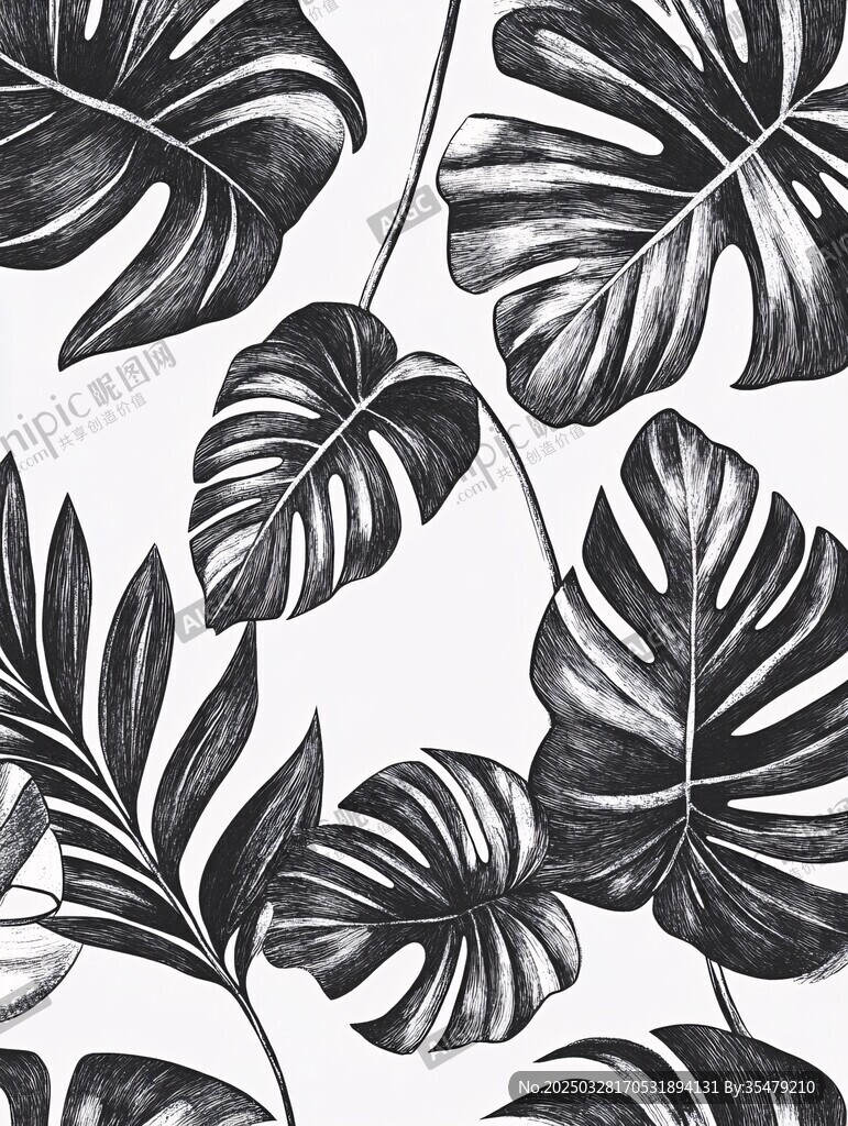 黑白龟背竹叶图案设计